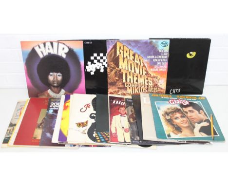 Qty of vintage theatre and film themed vinyl records to incl Grease, Les Misérables, War of the Worlds, Saturday Night Fever,