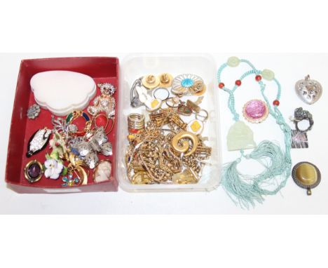 Two boxes of assorted costume jewellery to inc gold plated pieces, brooches, pin badges, pendant etc