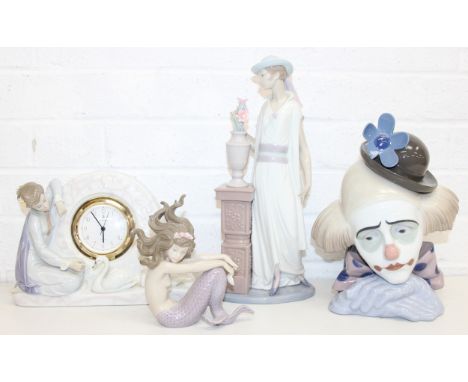 Lladro figures - four assorted Lladro figures to include 5777 Swan Clock, 5130 Pensive Clown, 1413 Mermaid with Pearl &amp; 5