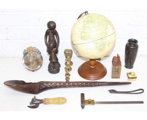 Box of assorted items to incl a terrestrial globe, large carved wooden spoon/ladle, bronzed statue of a woman and child, etc