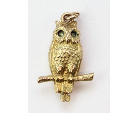 A vintage 9ct gold pendant or charm formed as an owl on branch, XRF confirmed, 2.25g, 20mm