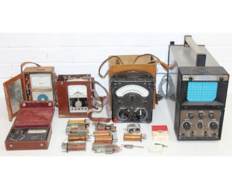 Mix of vintage scientific items to incl oscilloscope, reed switches, Universal Avo Meter, ohmmeter in case, etc