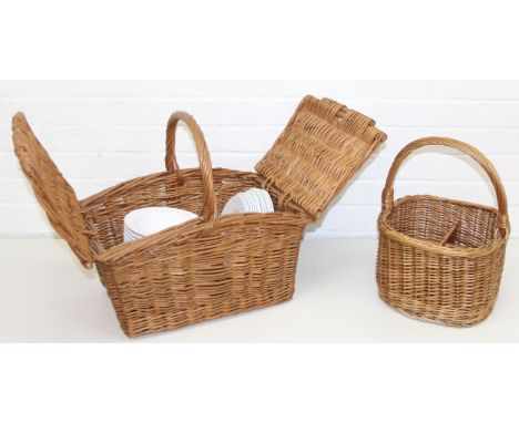 Two vintage wicker picnic baskets to incl hamper basket with handle to incl melamine contents, and wine bottle carrier, large