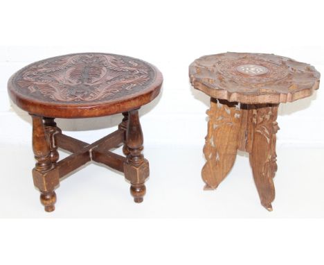 Two small wooden tables or stools to incl an embossed leather round-topped table on turned legs and stretchers, and a collaps