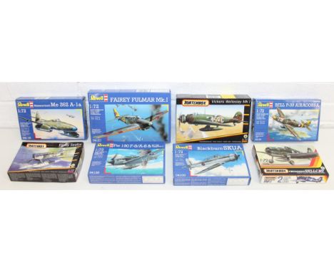 8 assorted Airfix style scale model kits by Matchbox and Revell, to incl Fairey Seafox, Grumman Hellcat, Vickers Wellesley MK