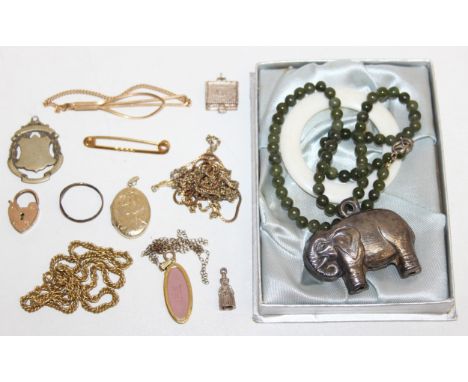 Qty of assorted silver, gold plated and other jewellery to inc a silver plated baby teether formed as an Elephant, a silver g