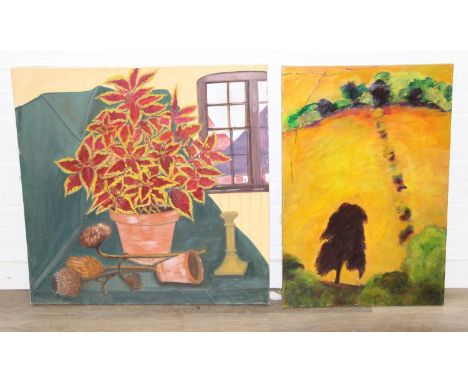 A modern still life oil on canvas depicting a scene of flowers and a candlestick, unsigned and unframed and 'Summer Hills nr 