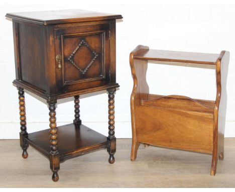 A vintage oak cabinet with fitted interior for holding smoking pipes and a vintage wooden magazine rack, the cupboard 40cm x 