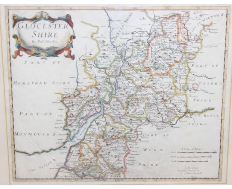 An antique hand-coloured map of Gloucestershire by Robert Morden, believed to be late 17th century, in glazed frame, 56cm x 5