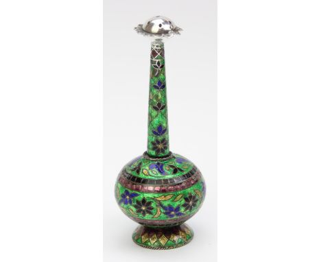 A vintage silver and enamel rose water dropper or sprinkler, unmarked but XRF confirmed as at least 98% pure silver, probably