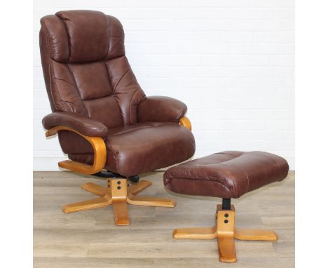 An Ekornes style brown leather reclining armchair with matching footstool, splayed base, 76cm wide x 110cm tall, one of a pai
