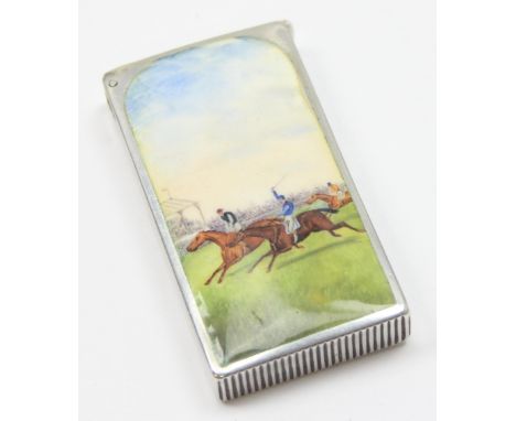 A Victorian silver and enamel vesta case by Sampson Mordan &amp; Co, the front enamelled with a horse racing scene, the horse
