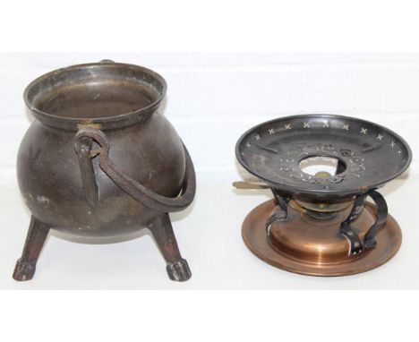 A vintage Swiss made fuel burner warmer/stove by Stockli Netstal, and a cast iron tri-legged cooking pot, tallest 24cm [2]