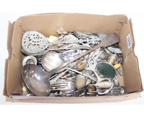 [3.3kg] - Qty of silver-plate and other metalware, mostly flatware to incl large ladle spoons, candle snuffer etc