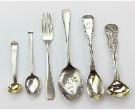 [99.22g] - six pieces of assorted silver cutlery, mainly antique pieces but all with British hallmarks, to inc salt and musta