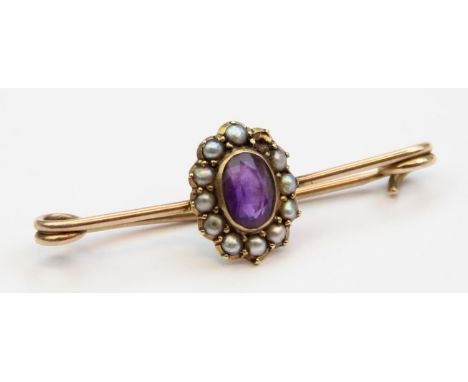 [1.58g] - an antique 15ct gold mounted brooch set with amethyst and seed pearls with 9ct gold pin, pieces marked and XRF conf