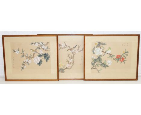Three Japanese 20th century school watercolours on fabric, possibly silk, depicting birds and flowers in glazed frames, 43cm 