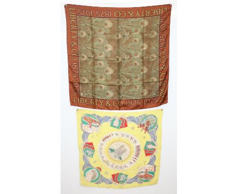 Liberty of London 100th anniversary silk scarf with Hera peacock feather design, and a 1953 coronation souvenir scarf, the la