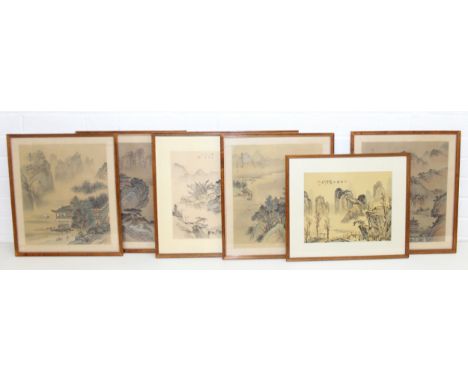 Six Chinese watercolours on fabric, possibly silk, depicting landscape scenes, in glazed frames, largest 49cm x 44cm [6]
