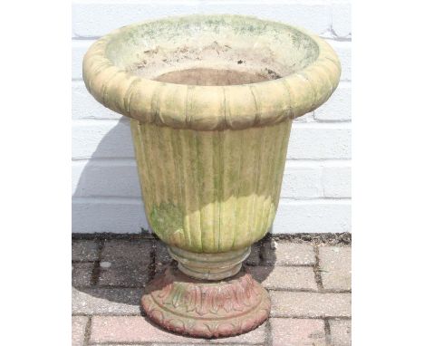 Antique ceramic garden urn with cast iron base, 43cm diameter x 48cm tall