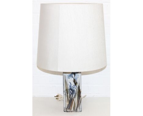 Colin Kellam of Devon studio pottery lamp decorated with blue irises, 72cm incl shade