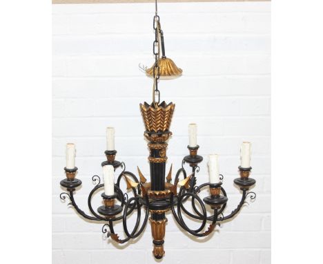 An Italian gilt and black painted wooden and wrought metal six branch chandelier or electrolier, 67cm in diameter x 96cm drop