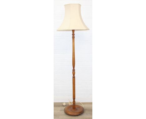 Vintage turned wooden standard lamp with shade, 185cm tall