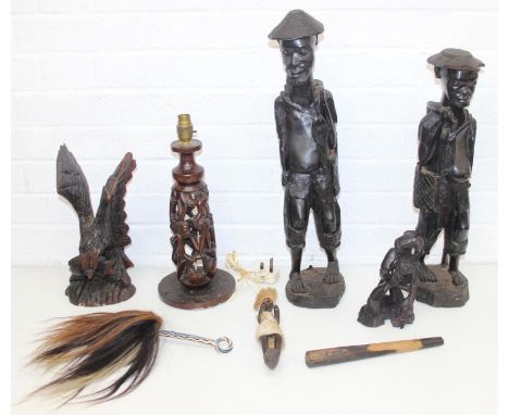 Mix of African carved wooden figurines and a lamp base, and related items, tallest 57cm