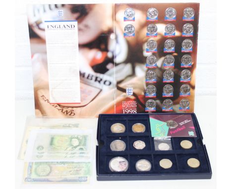 Qty of assorted coins, banknotes and medallions, to inc a complete set of 1998 world cup medals, 2012 offside 50p in Royal Mi