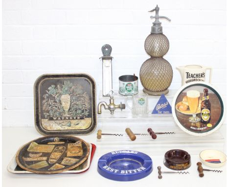 Mix of breweriana to incl advertising trays, ashtrays, glass tankard, corkscrews, double gourd soda siphon etc, with names in