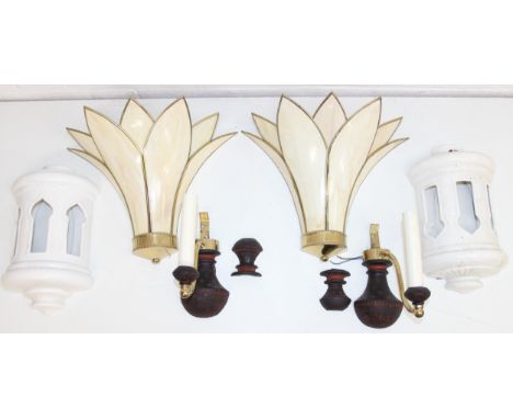 Three pairs of vintage light fittings, to incl glass panelled floral design, tallest 32cm [6]