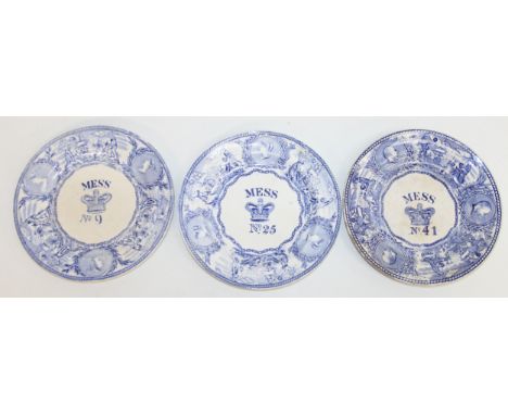Three rare Victorian blue and white transfer printed Staffordshire Naval Mess plates, with a Victorian Crown to centre with '