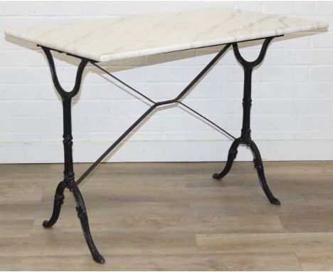 Marble topped table with iron base, 100cm x 60cm x 70cm