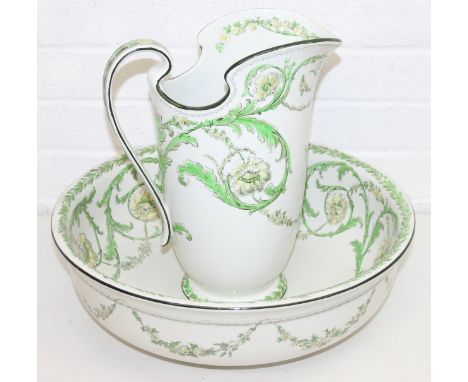 Vintage Royal Doulton Lonsdale wash stand jug and bowl decorated with green floral design, bowl 43cm diam