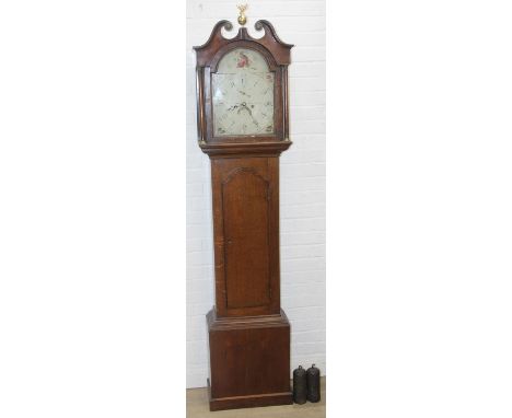 An antique long case or Grandfather clock by James Anderson of West Haven, painted dial with oak and mahogany case, 8 day mov