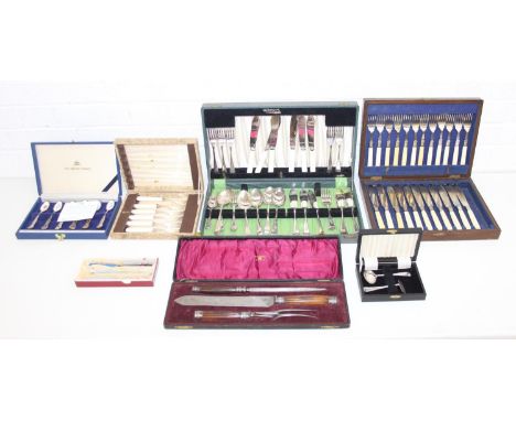 Qty of vintage boxed flatware or cutlery to incl silver-plate and enamelled spoons, horn handled carving set etc