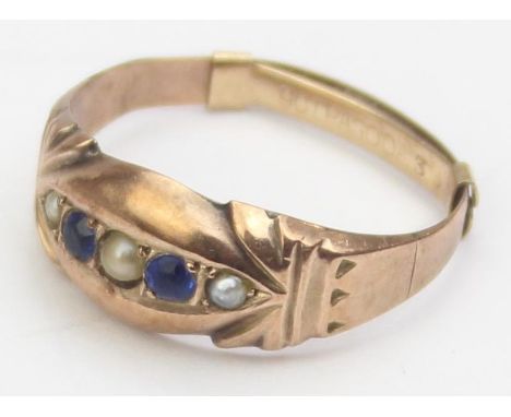 [1.45g, M] - an antique 9ct gold ring set with sapphires and seed pearls, marked 375 9ct and XRF confirmed, with 9ct gold siz