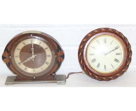Two vintage clocks to incl an Art Deco style Smith's clock and a wall clock with carved details, tallest 18cm [2]