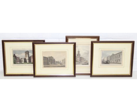Four assorted antique prints of Oxford, three by Frederick Mackenzie and John Le Keux and on of Carfax Tower, all early 19th 