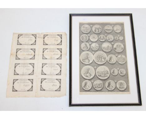 French Revolutionary banknotes - an uncut sheet of eight Assignat de Cinq Livres banknotes, Series 9396, and an antique steel