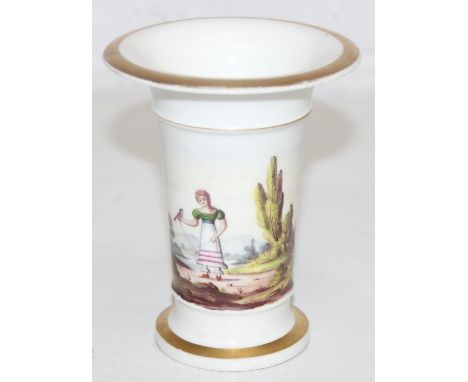 A superb quality late 18th or early 19th century porcelain spill vase, hand painted in the round with a girl and songbird and
