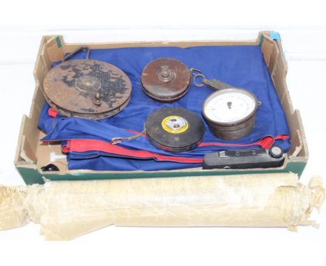 Qty of vintage scientific items to incl tape measures, Payne &amp; Co barometer, Salters pocket balance, maps etc