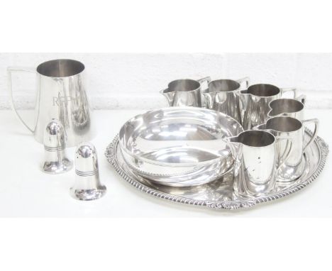 Qty of assorted silver plated items to inc a Christofle bowl, a set of six silver plated cream jugs by Walker &amp; Hall, 3kg