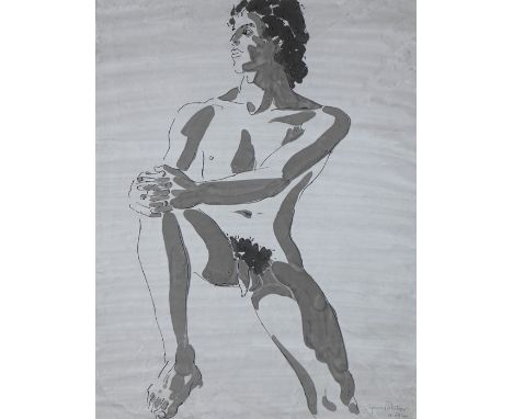 Sigmund Pollitzer (British, 1913-1982) Male Nude, signed and dated 71, pen and wash, 50cm x 65cmBorn in London in 1913, Arthu