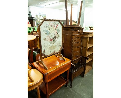 A GILT FRAMED FIRE-SCREEN AND  A CIRCULAR TOP TABLE, ON TRIPLE SUPPORTS AND A TWO TIER TEA TROLLEY (3) 