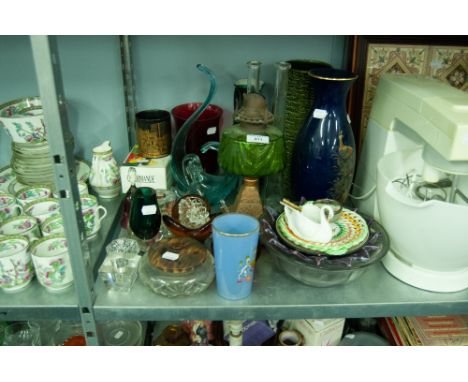 A MID 20TH CENTURY OIL LAMP, VASES, BOWLS ETC