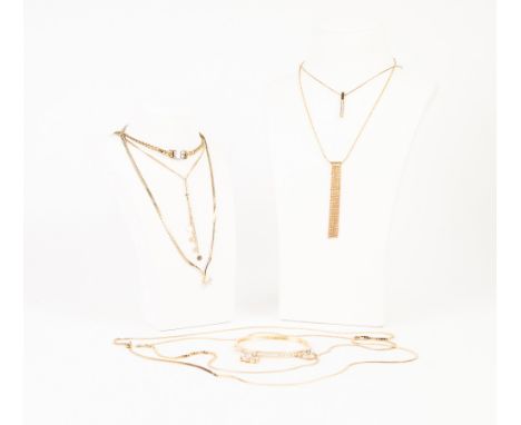 TEN GOLD PLATED CHAIN NECKLACES VARIOUS, a gold plated hinge opening BANGLE the top set with paste and TWO SMALL PENDANTS (13