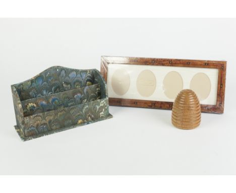 TURNED WOOD BEEHIVE SHAPED STRONG BOX WITH REMOVABLE LID; Italian Il Papiro, Florence, two dimensional LETTER RACK and an Add