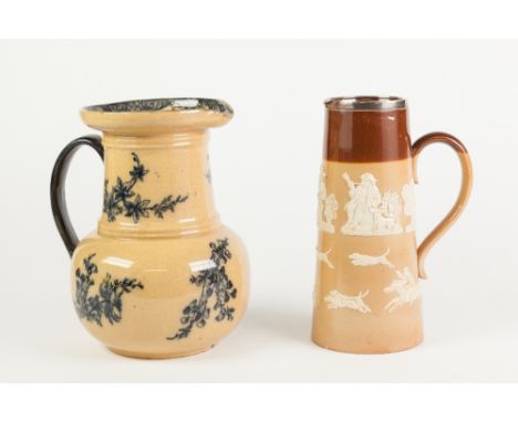 DOULTON LAMBETH SPRIGGED AND SALT GLAZED JUG WITH HALLMARKED SILVER RIM, of tapering form with scroll handle, applied in whit