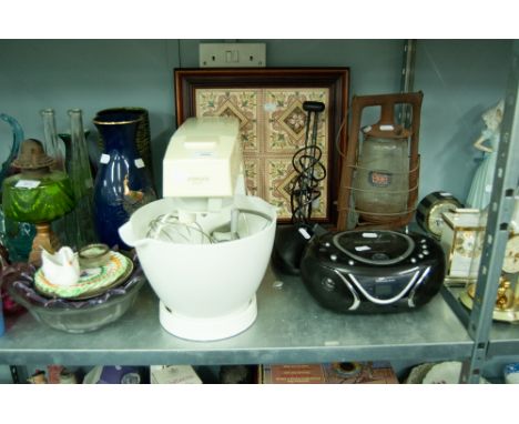 KENWOOD FOOD MIXER, WHARFEDALE CD PLAYER, OIL LAMP, THREE CLOCKS AND A TILED TRAY 